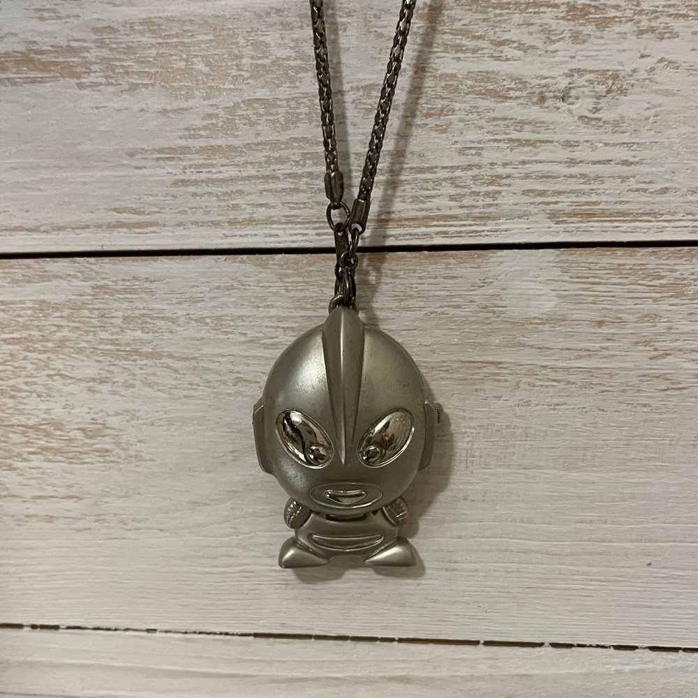 VINTAGE SILVER ALIEN CLOCK NECKLACE